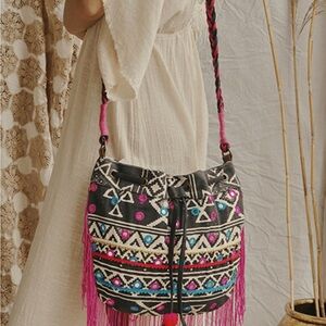 Tribal Patterned Crossbody Bag in Black and Pink
